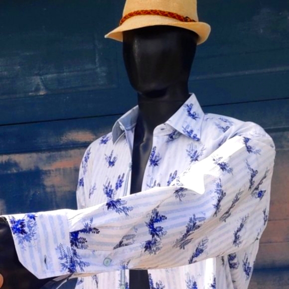 VISCONTI UOMO MEN'S SEERSUCKER BLEND FLORAL ACCENTED LUXURY SHIRT